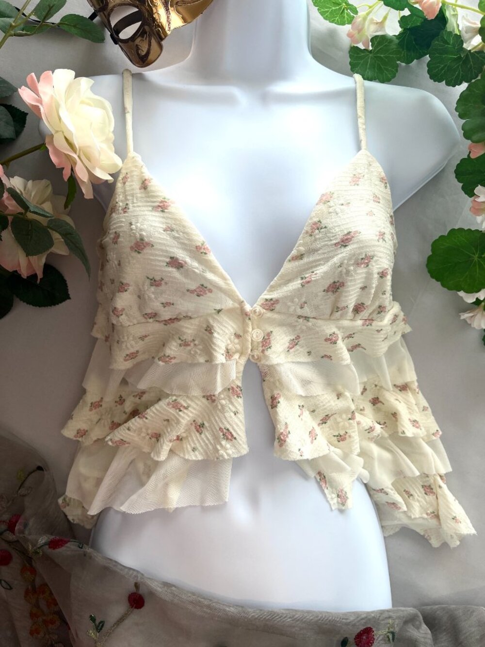 Hesperus Floral Mesh Babydoll Cami Top Cream & Pink XS Romantic Cottagecore